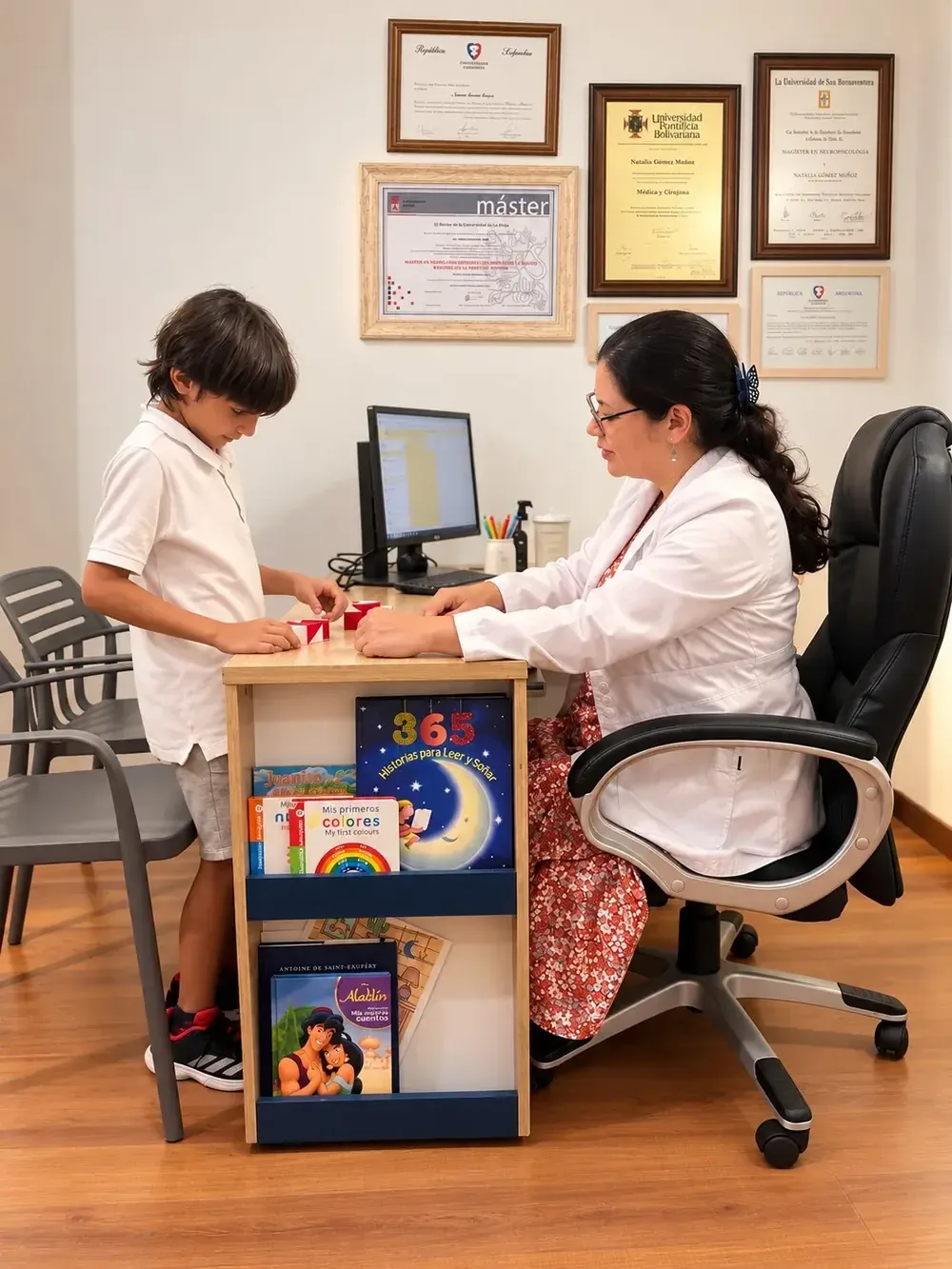 Niño hace ejercicios de rehabilitación neuropsicológica con la doctora Natalia Gómez en Neuropser Medellín